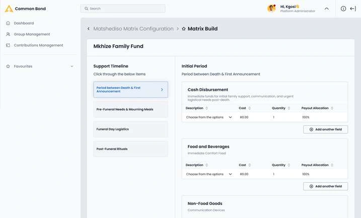 Extracted Phase 1 interface: Matshediso provider configuration across the funeral timeline