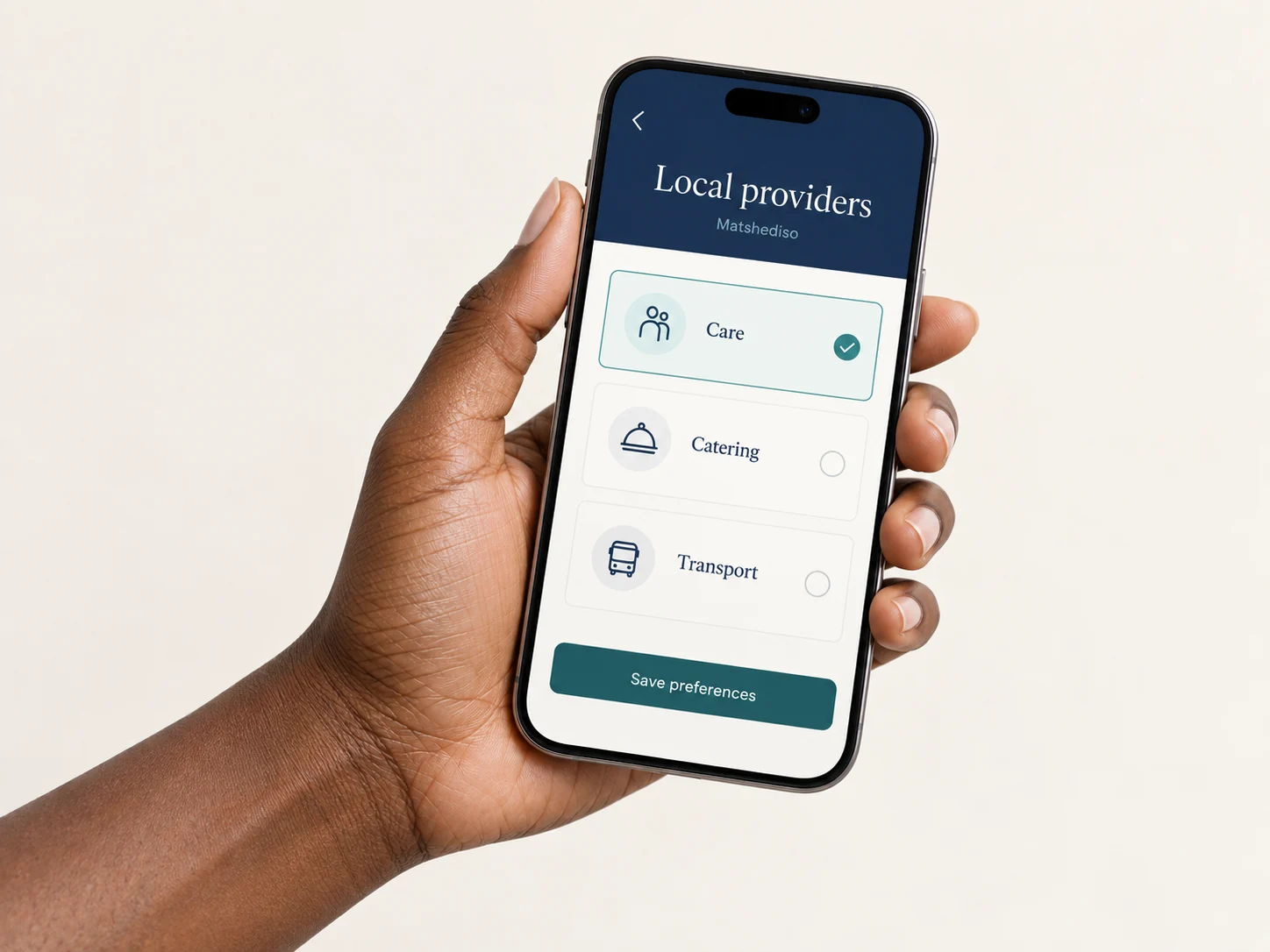 Black adult hand holding a smartphone showing illustrative Matshediso local-provider preferences